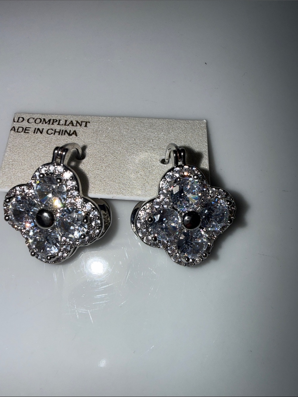 Crystal Flower Earrings Silver Tone Pavé Rhinestone Statement wedding.